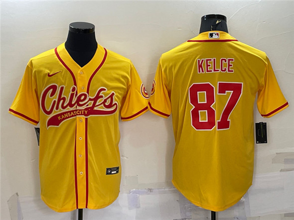 Men's Kansas City Chiefs #87 Travis Kelce Gold With Patch Cool Base Stitched Baseball Jersey - Click Image to Close